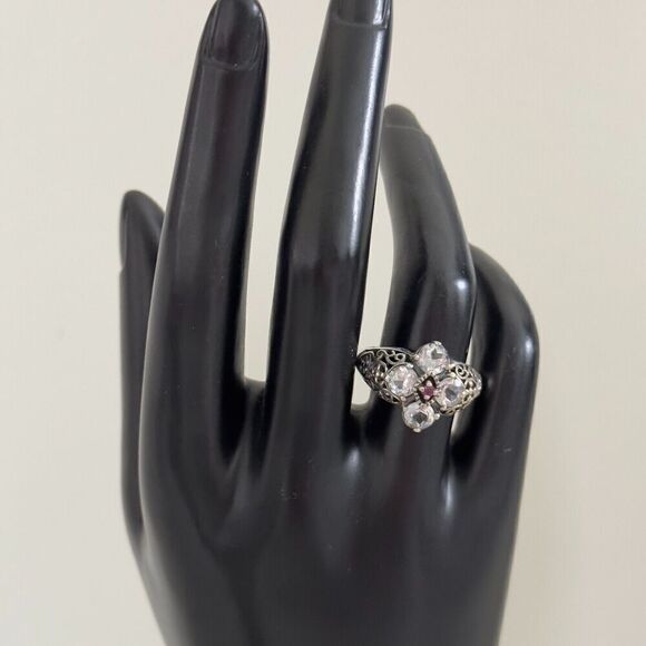 CNA Designer 925 Sterling Silver White Topaz & Ruby Filigree Flower Ring Size 8 - Picture 10 of 10